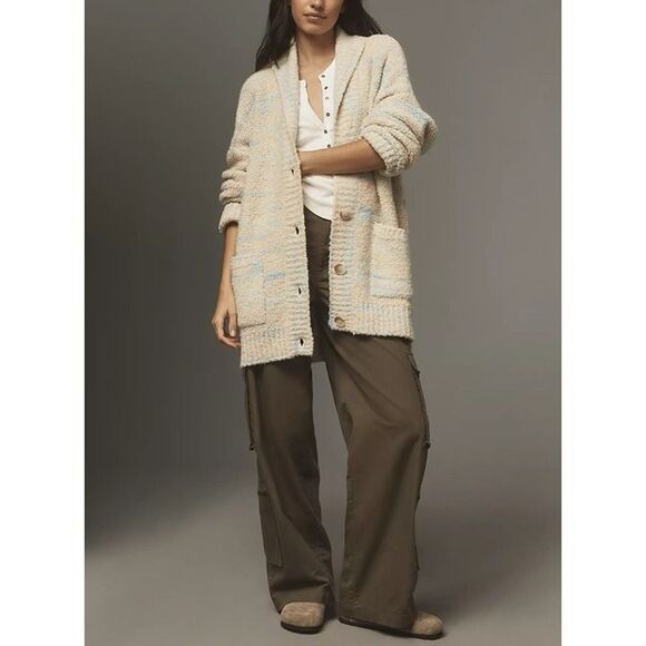 Anthropologie Pilcro OVERSIZED Cardigan Sweater Womens XS Beige Blue Cozy $198 - Picture 1 of 11